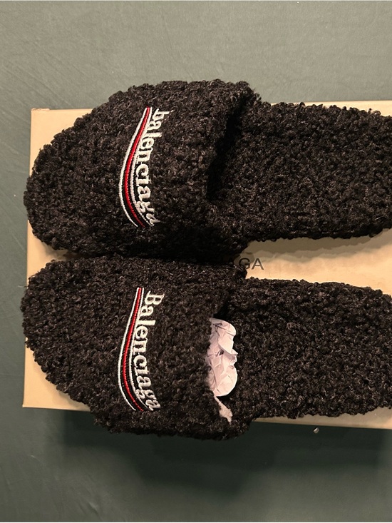 Balenciaga Other - Balenciaga Black Shearling Slide Sandals with Signature Stripe